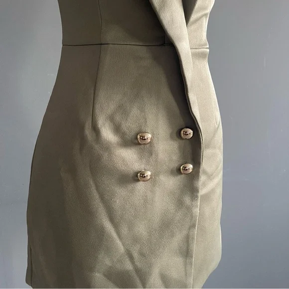 NBD Strapless Olive Tuxedo Mini Dress Off Shoulder Double Breasted - Picture 2 of 8